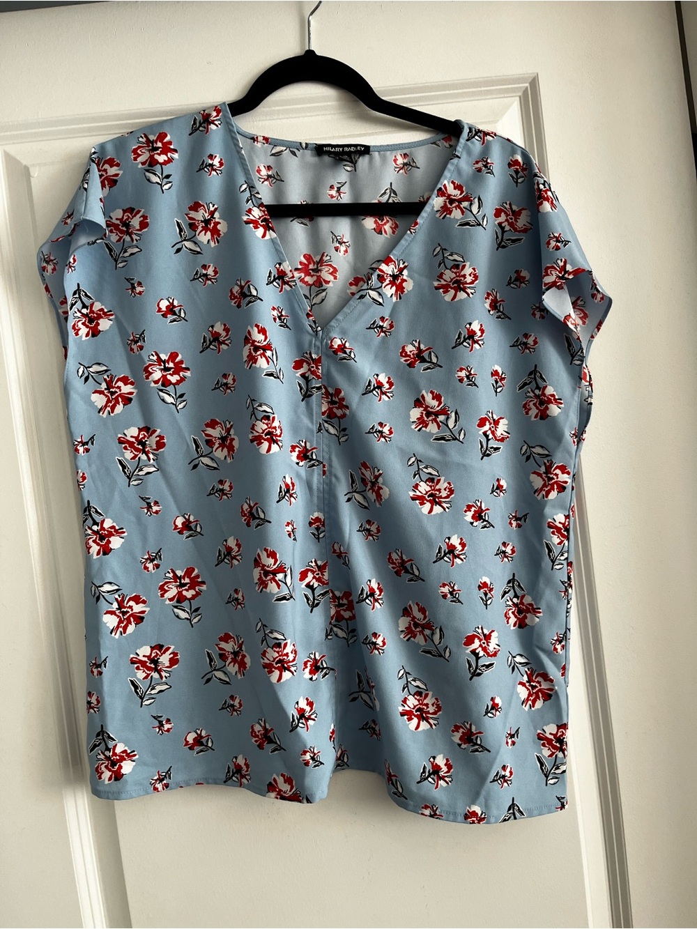 Sky Blue Floral Split-Neck Blouse